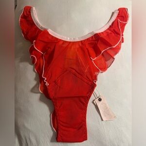 NWT$35 HAH Fly Girl Mesh Panty Thong Blood Orange Ruffly Valentines Sheer S